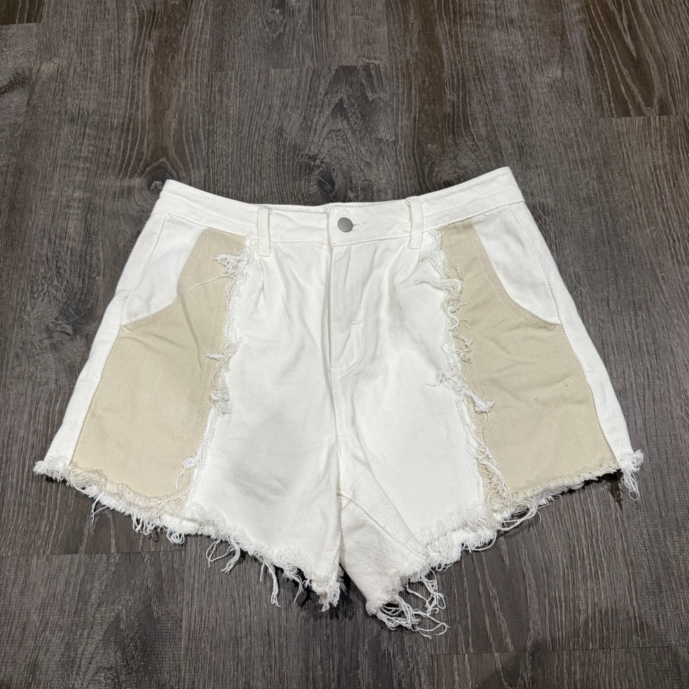 SHEIN White and Tan High Rise Jean Shorts